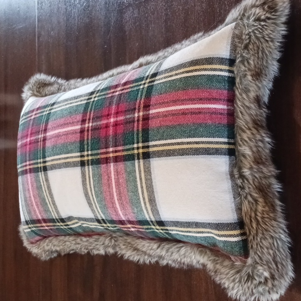 PILLOW/Lumbar plaid flannel faux fur by Newport duck feathers green yellow red